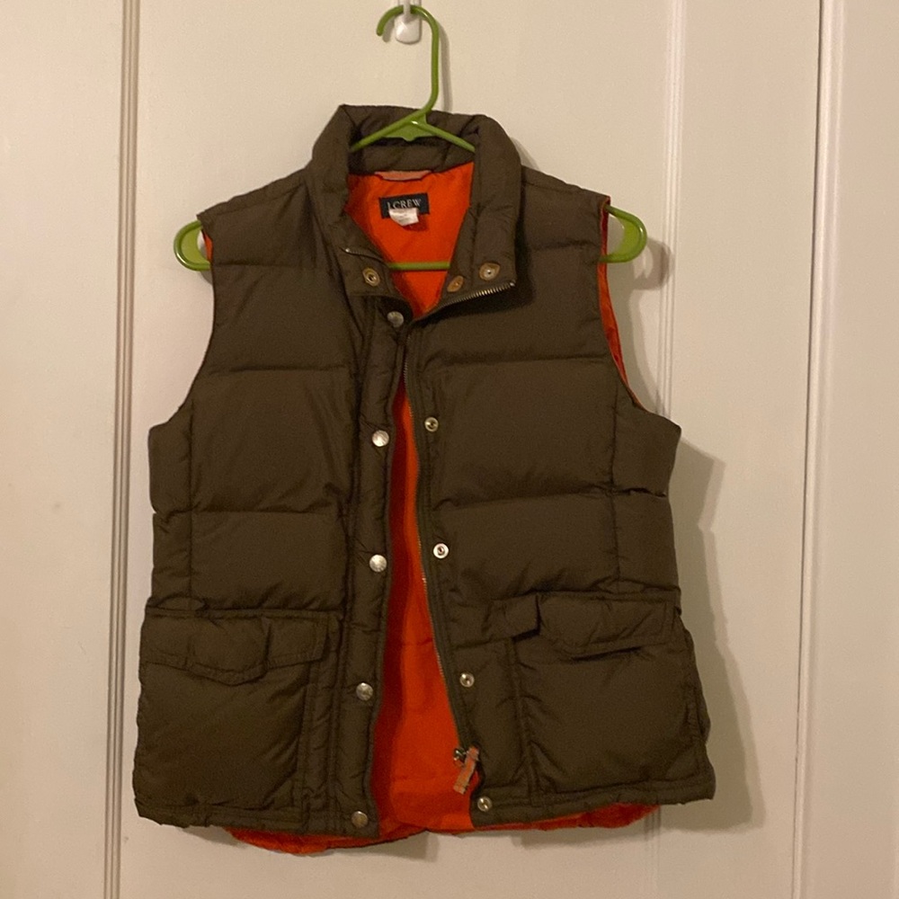 J.Crew Down Puffer Vest Olive & Orange Zip Snap Buttons Size S Excellent!!